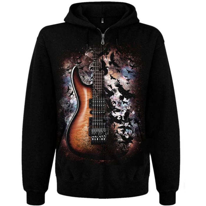 Crow and Guitar in Space Kangaroo Pocket Hoodie with a Zipper