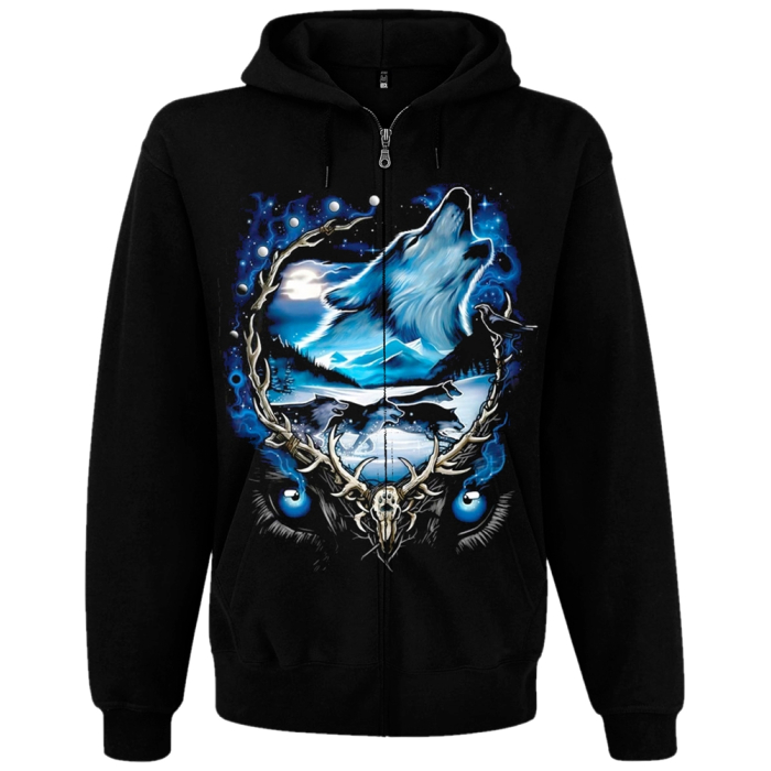 Howling Wolf Kangaroo Pocket Hoodie with a Zipper