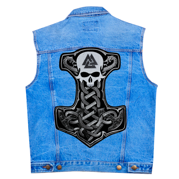 Thor's Hammer with a Skull (Valknut) Back Embroidered Patch