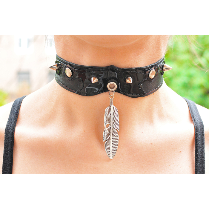 Feather Big Two-Sided Pendant (ar-006) (Steel Color) Collar