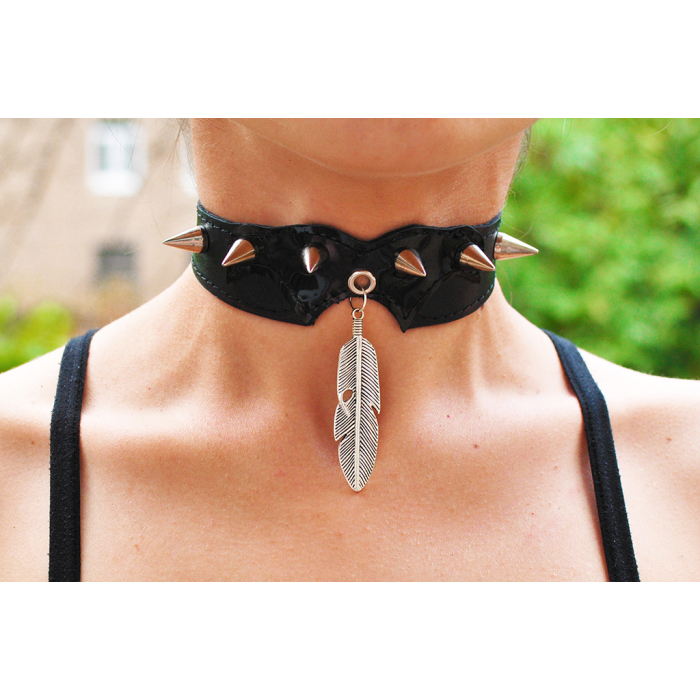 Feather Big Two-Sided Pendant (ar-008) (Steel Color) Collar