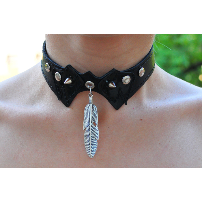 Feather Big Two-Sided Pendant (Steel Color) (ar-009) Collar