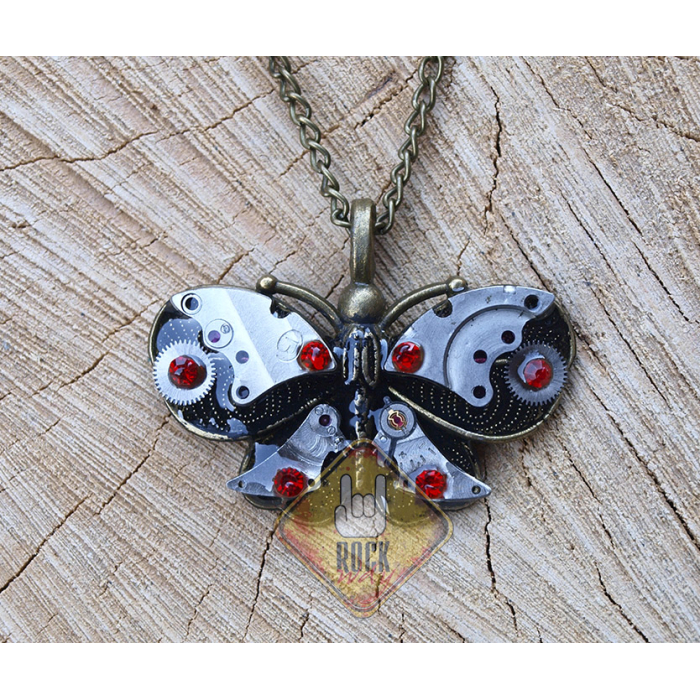 Butterfly with Red Stones (Steampunk) Pendant