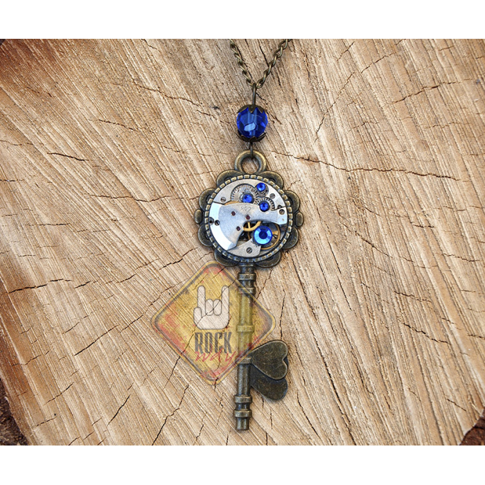 Key with Blue Rhinestones (Steampunk) Pendant