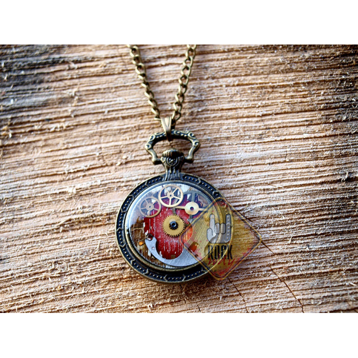 Mini-Clock (Mechanism on a Red Background) (Steampunk) Pendant