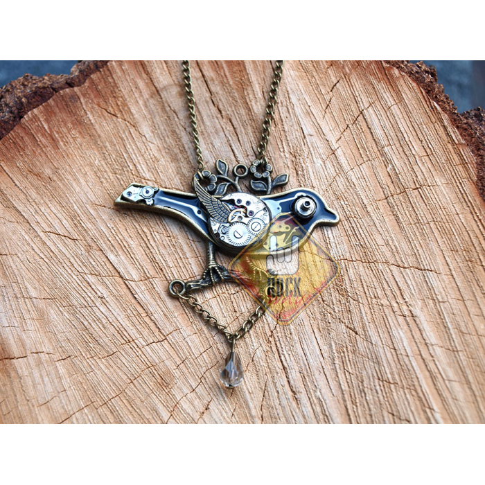 Bird on a Branch with a Chain (Steampunk) Pendant