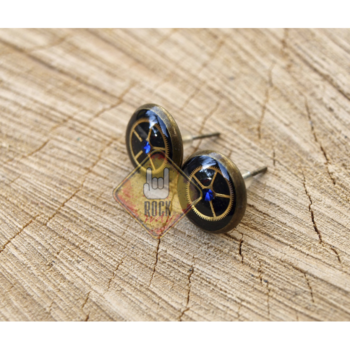 Clock Wheel with Blue Rhinestones (Steampunk) Stud Earrings